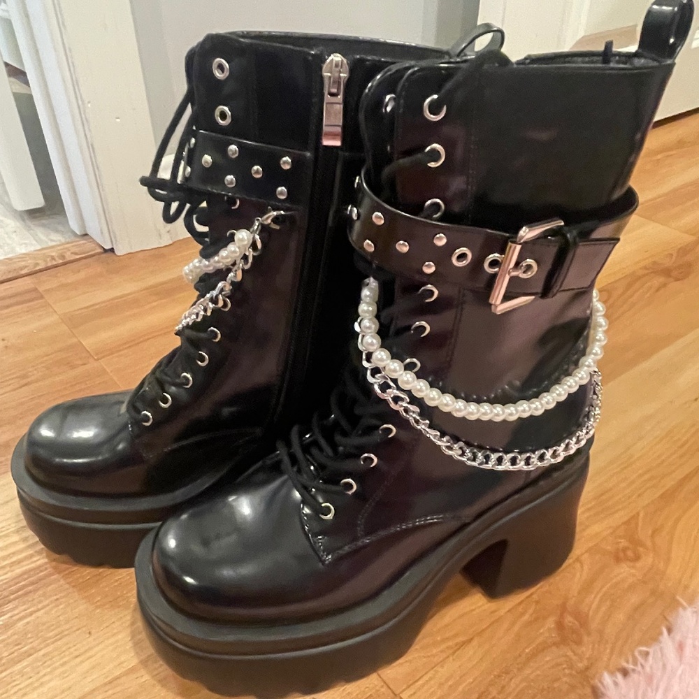 Never used heeled and bedazzled combat boots